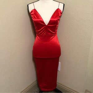 NWT Dressme Tour Red Orange Satin V-neck Spaghetti Strap Dress